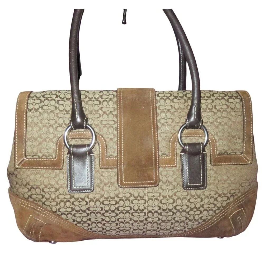 Coach 2005 Soho Canvas, Suede & Leather Trim Signature Buckle Flap Satchel